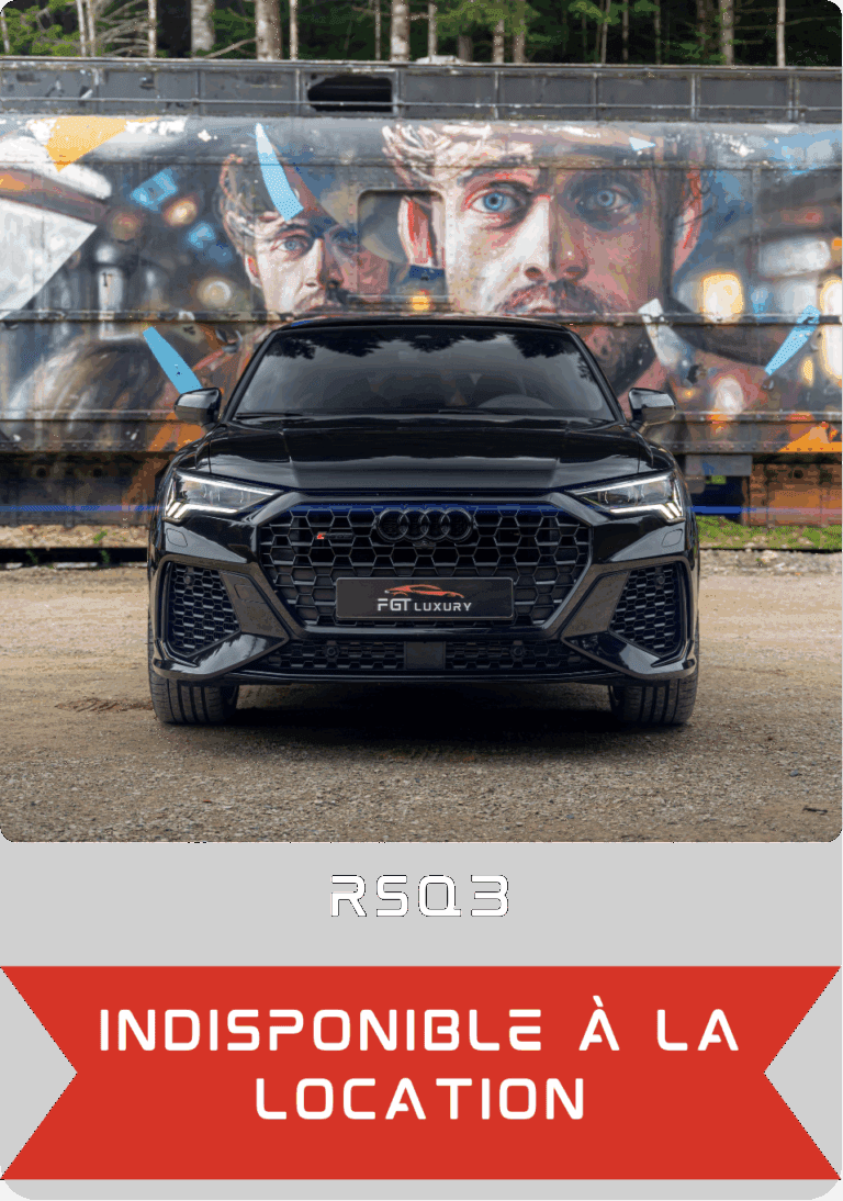 Louez un Audi RSQ3 chez FGT Luxury et profitez d’un SUV compact sportif alliant puissance, luxe et confort. Idéal pour un week-end, un shooting ou un événement spécial, ce modèle haut de gamme offre une expérience de conduite unique grâce à son moteur 5 cylindres de 400 chevaux, sa transmission quattro et son design agressif. Location RSQ3 disponible à Pontarlier et dans toute la région Franche-Comté. Véhicule récent, bien entretenu, intérieur premium, options full, GPS, sièges chauffants, son Bang & Olufsen. Réservez votre Audi RSQ3 dès maintenant chez FGT Luxury, spécialiste de la location de voitures de sport et de luxe.